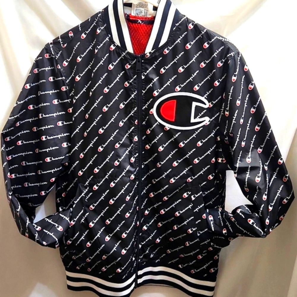 Champion Logo Red White Blue Mesh Zip Up Bomber Jacket (M Size S)